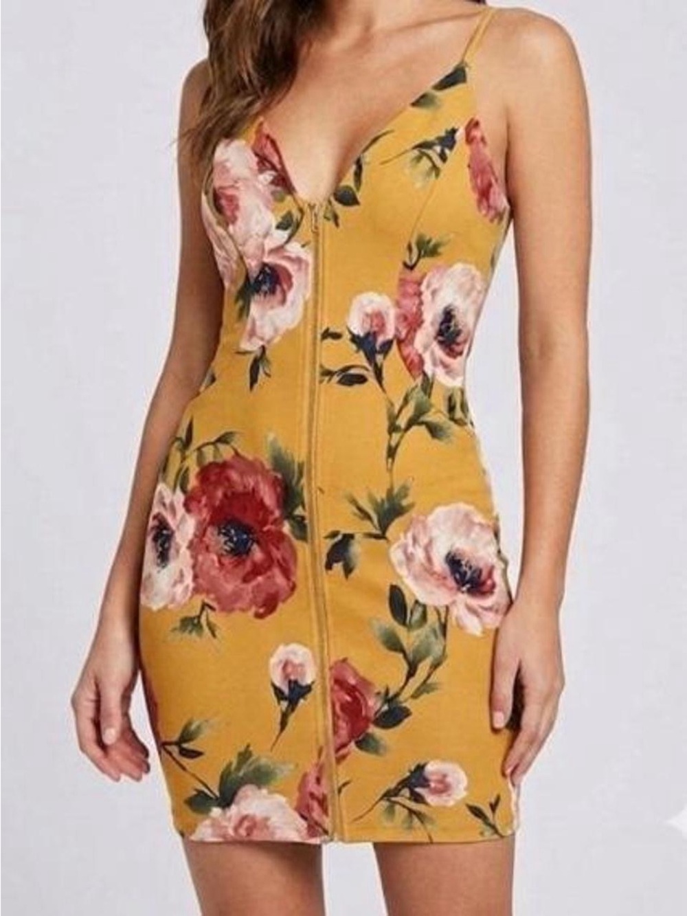Haute Monde Mustard Floral Zip-Front Mini Dress